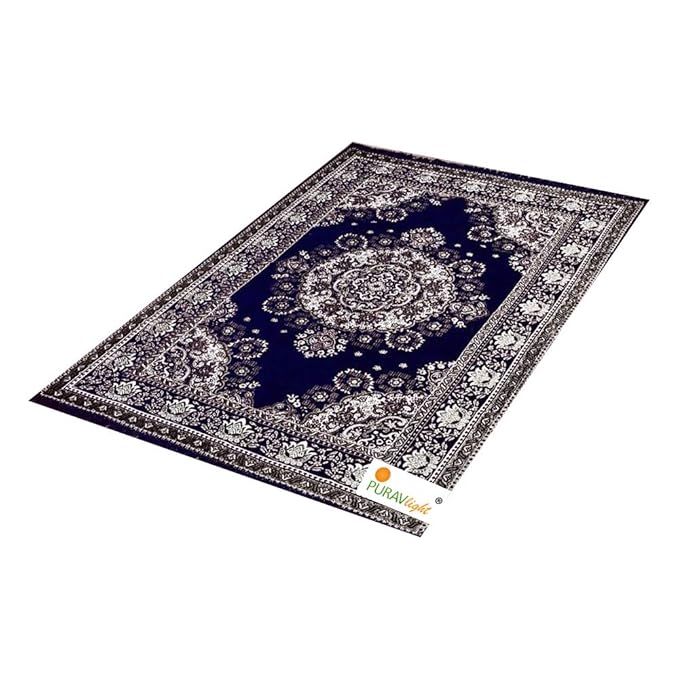 Purav Light Home Decor Cotton Carpets for Living Room 5x7 feet Multi-Use Flower Design Carpet Mats (Blue Colour)