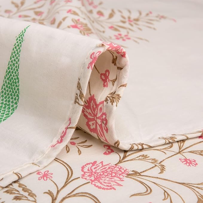 HUESLAND 100% Cotton Reversible Dohar Single Bed Cotton | Soft Cambric Weave, Lightweight AC Blanket for Summer & All Weather Use | 56 x 89 inches, Botanical Fusion - Ivory, Brown & Pink