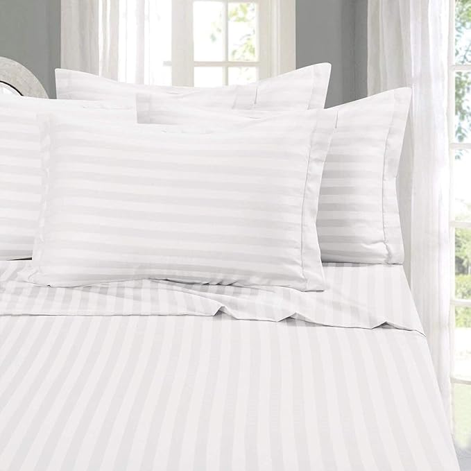 LINENWALAS 300 TC 100% Cotton Satin Stripes Single Bed Sheet - Premium Hotel Bedsheet and 1 Pillow Covers Set for Hotels, Guest House & B&B (White)