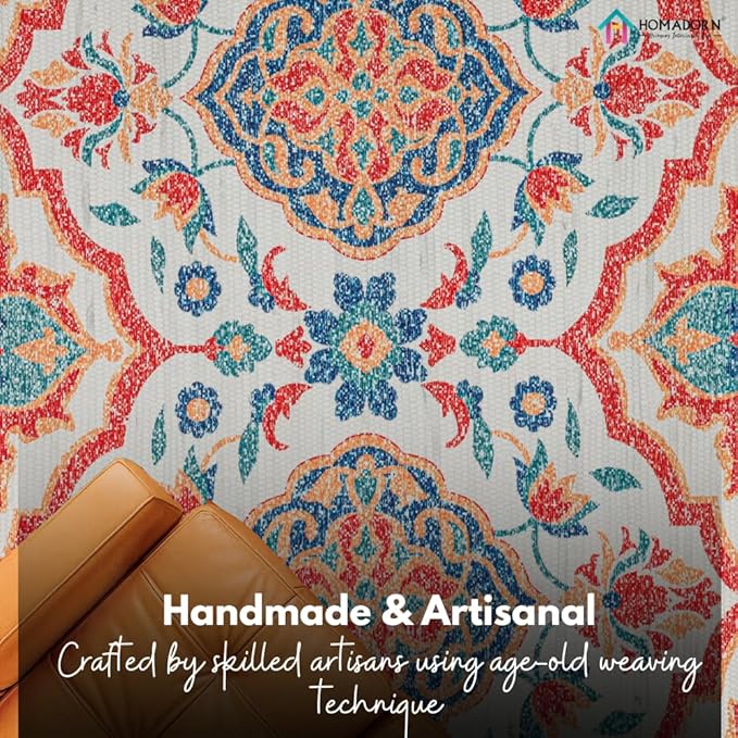 HOMADORN Handmade Sustainable Printed Modern Dhurrie/Rugs/Carpet for Living Room/Drawing Room/Bedside Runner for Enhanced Decor