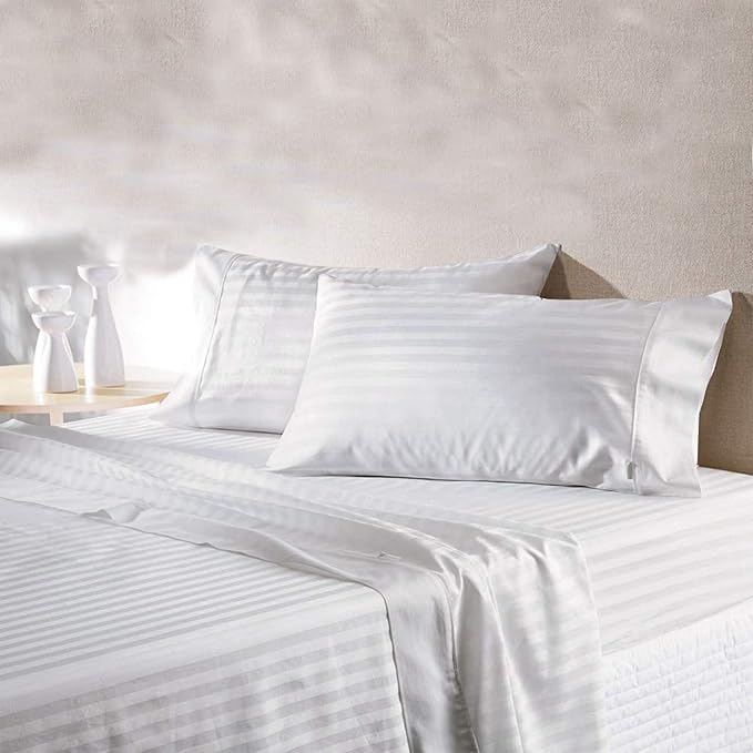 LINENWALAS 300 TC 100% Cotton Satin Stripes Single Bed Sheet - Premium Hotel Bedsheet and 1 Pillow Covers Set for Hotels, Guest House & B&B (White)