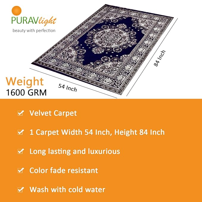 Purav Light Home Decor Cotton Carpets for Living Room 5x7 feet Multi-Use Flower Design Carpet Mats (Blue Colour)