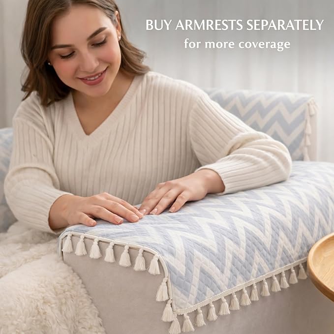 STITCHNEST Quilted Velvet Sofa Cover with Tassels – 70x60 Inch, Grey & Ivory Zigzag Design, Soft & Stylish, Washable Sofa Protector for 3-Seater