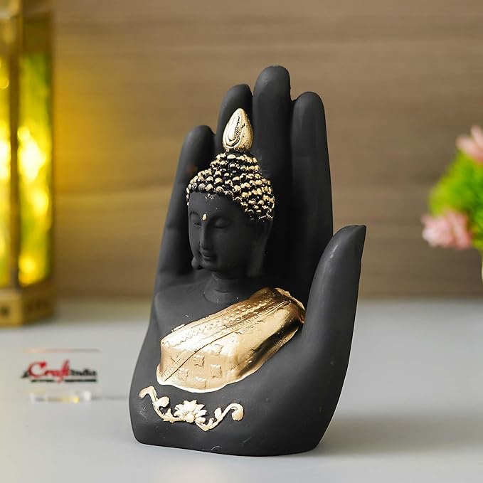eCraftIndia Golden Handcrafted Palm Buddha Polyresin Showpiece (12.5 cm x 7.5 cm x 17.5 cm, Black)