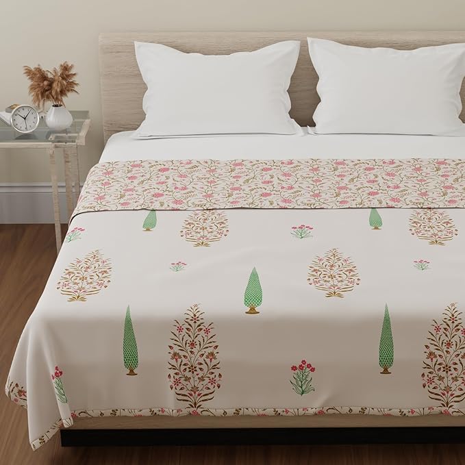 HUESLAND 100% Cotton Reversible Dohar Single Bed Cotton | Soft Cambric Weave, Lightweight AC Blanket for Summer & All Weather Use | 56 x 89 inches, Botanical Fusion - Ivory, Brown & Pink