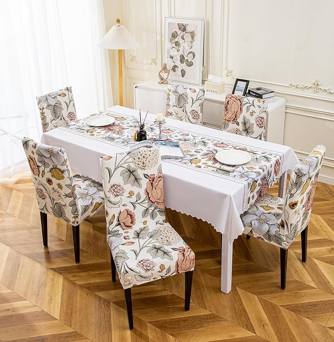 House of Quirk Dining Table Cover Waterproof for Kitchen Dining, Polyester Table Cloth Dust and Oil Repellent, Kitchen Décor (140x180cm, Beige Bliss, 1 Table Cover + 4 Chair Cover, rectangular)