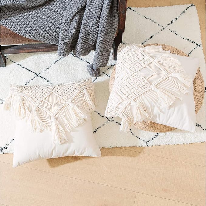 Kaahira Handmade Cotton Macrame Cushion Pillow Cover Boho Home Decor Abstract Pattern 16 x 16 Inch in Off White Color - 1 Pcs (16 x 16) in-250 TC