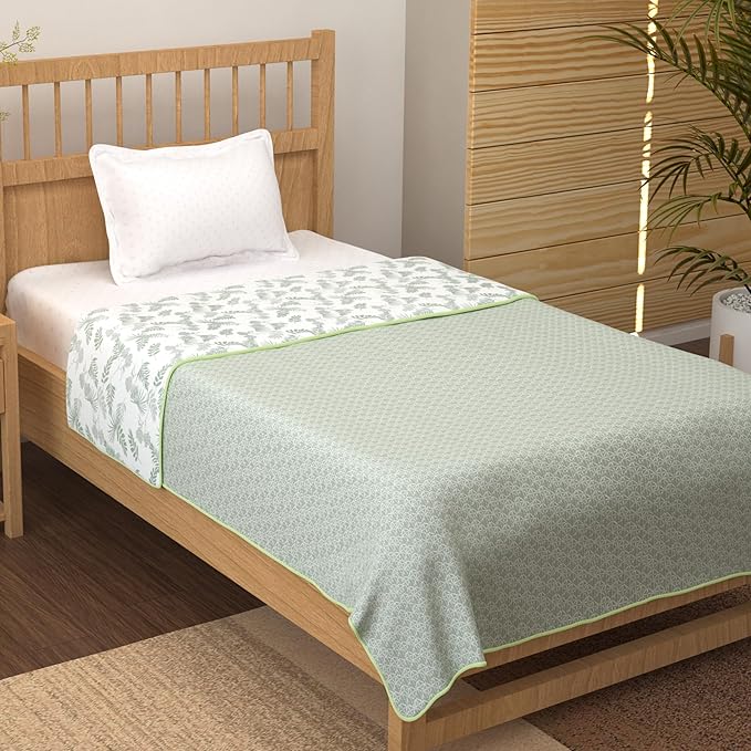 Story@Home Dohar Double Bed Cotton 100% | 150GSM 225 x240 cm Quilt AC Blanket for Summer | AC Comforter Double Bed | Light Green & White Floral Reversible Design Duvet | All-Season Blanket
