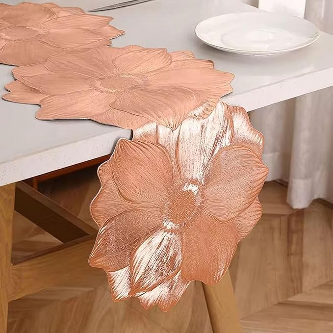 Modern Rexine Cutwork Table Runner | Waterproof Faux Leather for Center Table, Stain Resistant, Durable & Easy Maintenance, Elegant Home Decor Accent | 3Petals Rose Gold Color