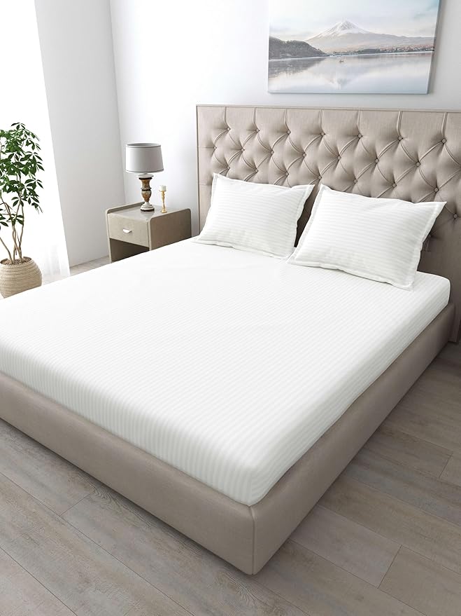 Mafatlal Italian Strip King Size Bed Sheet with 2 Pillow Covers Pure Cotton | 210 TC Flat Bedsheet White | 108 x 108 Inches| Luxury & Breathable Fabric