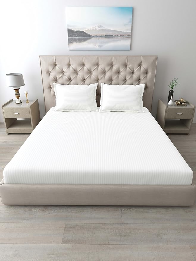 Mafatlal Italian Strip King Size Bed Sheet with 2 Pillow Covers Pure Cotton | 210 TC Flat Bedsheet White | 108 x 108 Inches| Luxury & Breathable Fabric