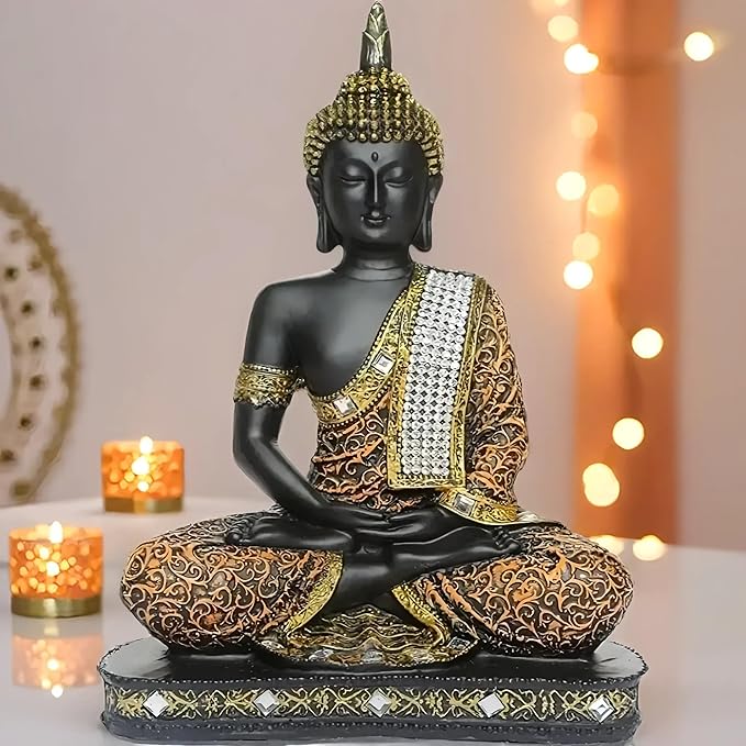 Global Grabbers New Limited Edition 25 Centimetre Meditating Sitting Buddha Idol Statue showpiece Home Decor Decoration Items for Living Room and Gifts (1, Orange Black)