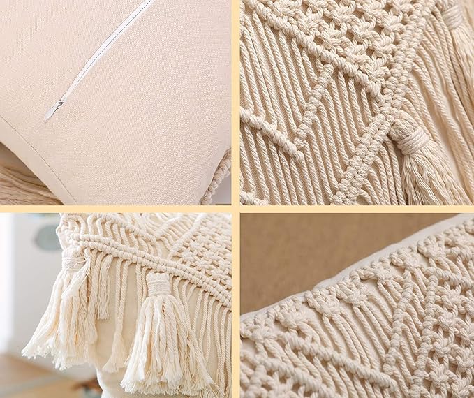 Kaahira Handmade Cotton Macrame Cushion Pillow Cover Boho Home Decor Abstract Pattern 16 x 16 Inch in Off White Color - 1 Pcs (16 x 16) in-250 TC