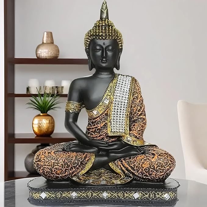 Global Grabbers New Limited Edition 25 Centimetre Meditating Sitting Buddha Idol Statue showpiece Home Decor Decoration Items for Living Room and Gifts (1, Orange Black)
