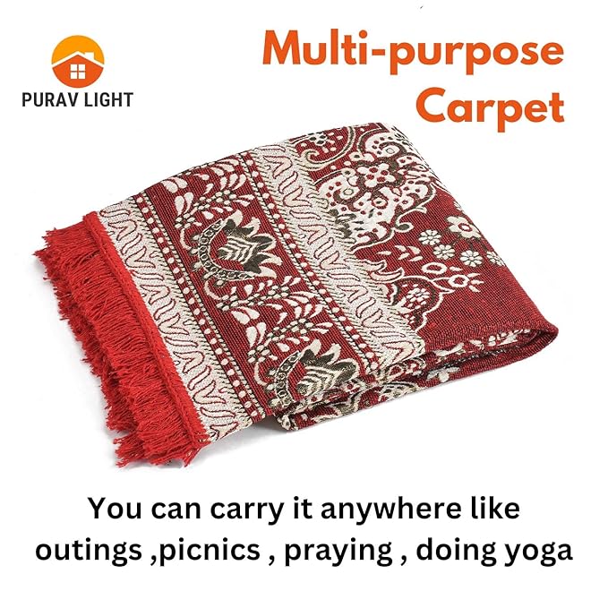 Purav Light Home Decor Cotton Carpets for Living Room 5x7 feet Multi-Use Flower Design Carpet Mats (Red Colour)