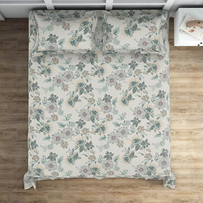 Himeya 100% Cotton Double Bed Bedsheet 225 x 254 CM,144 TC, Ultra-Soft & Breathable,Long-Lasting & Durable, Elegant Floral Design, Easy to Wash (Mint Green)