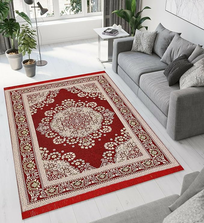 Purav Light Home Decor Cotton Carpets for Living Room 5x7 feet Multi-Use Flower Design Carpet Mats (Red Colour)