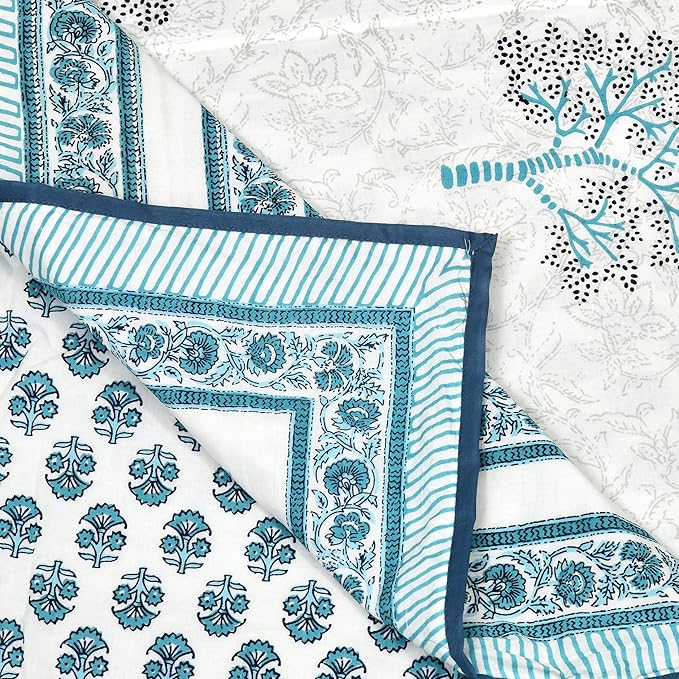 BLOCKS OF INDIA Hand Block Printed Cotton Single Size Reversible Malmal Dohar for Summer (Blue Tree)-300 TC
