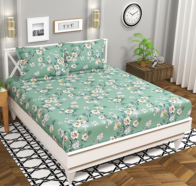 BSB HOME 100% Cotton Feel Double Bed Bedsheet Set | 144 TC Soft & Breathable | Mint Green White Flower Print with 2 Pillow Covers | Wrinkle Free | for Bedroom (90 x 90 Inches)
